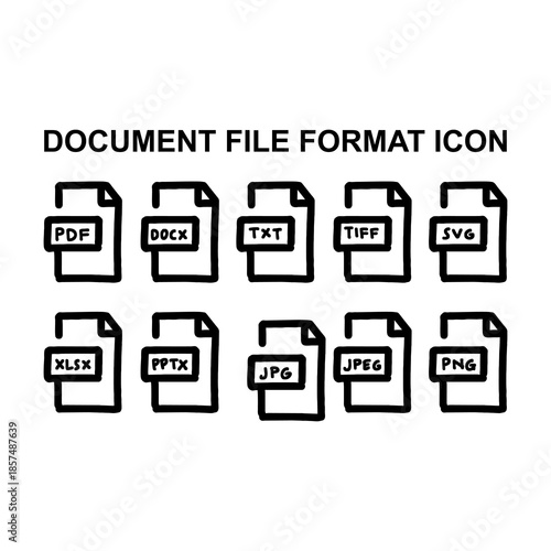 Hand-drawn document format icon set featuring pdf, docx, txt, tiff, svg, xlsx, pptx, jpg, jpeg, png. Editable stroke flat vector icons, ideal for professional business designs.