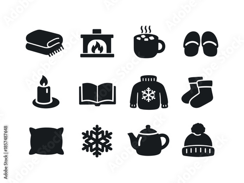Cozy Winter Icons. Cozy winter moments. Solid icon set of Cozy winter moments: blanket, fireplace icon, hot cocoa mug, slippers, candle, book, sweater, socks,
