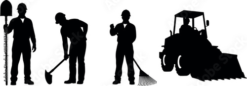 Construction Workers and Landscapers Silhouette Set with Shovel Rake and Front End Loader Operator Working on Building Site Development Project