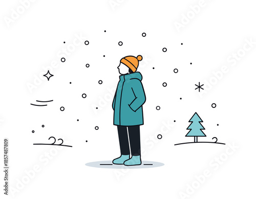 Winter Pause Illustration. Symbolic winter pause. A person standing still under falling snow, hands in pockets, surrounded by open space. The illustration