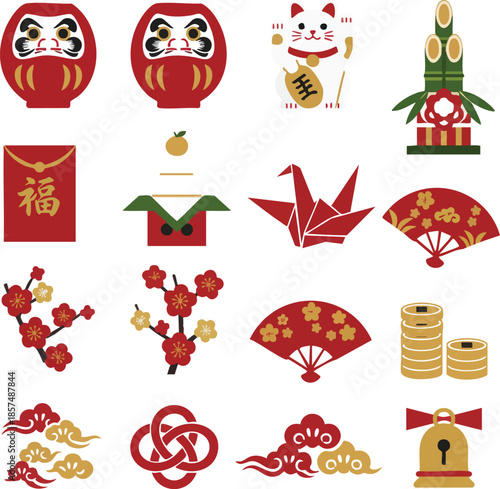 PrJapanese new year symbols set daruma dolls, maneki neko, kadomatsu, envelopes, origami crane, fans, plum blossoms, coins, knots, clouds, and bellint