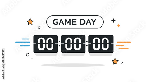 Game Day Countdown. Game day countdown. A minimal clock or scoreboard with ?Game Day? text, abstract motion lines showing time passing. The scene suggests