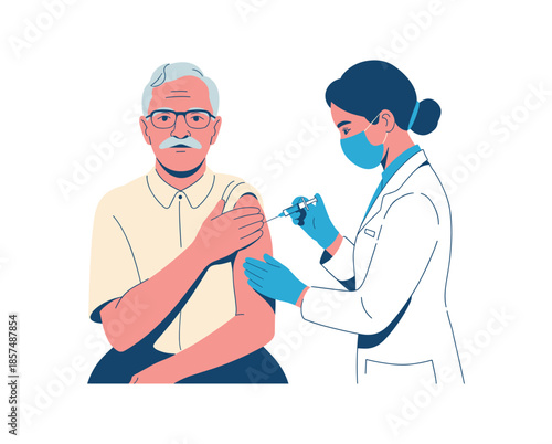 Elderly man receiving injection from masked healthcare worker in flat style vaccine vaccination.