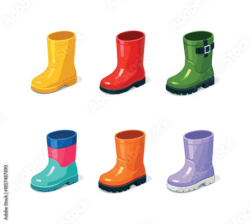 Colorful Rain Boot Icons. Seasonal rain boot vectors. Isometric flat vector icons set of Seasonal rain boot vectors: minimalist solid boots, glossy rubber