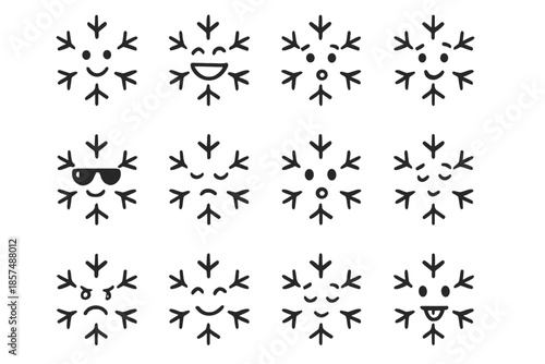 Playful Snowflake Characters. Funny snowflakes. Line outline icon set of funny snowflakes: smiling snowflake,