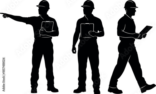 Professional construction site inspector or engineer silhouettes wearing hard hats and holding clipboards for safety audit and project management.