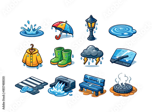 Rainy Day Icons. Rainy day. Colorful isometric vector icons set of rainy day: raindrop splash, wet umbrella, rain-soaked streetlamp, puddle ripple, raincoat