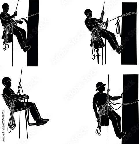 PrintProfessional Arborist Tree Climber and Lineman Silhouettes Set with Ropes Harnesses and Safety Equipment for Industrial Work and Forestry Maintenance
