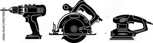 Professional Power Tool Set Illustration Featuring Cordless Electric Drill Circular Saw and Orbital Sander Silhouettes for Home Improvement and Woodworking