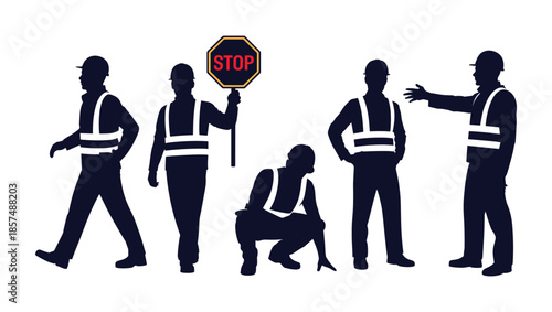 Five dark blue silhouettes of construction workers wearing hard hats and safety vests, Different pose style.