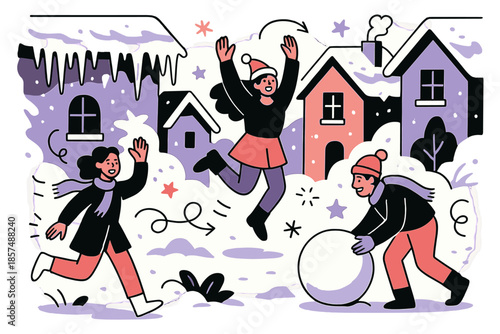 Winter Icicle Village. Icicles hanging in winter village. Roofs lined with glistening icicles, snow scattered