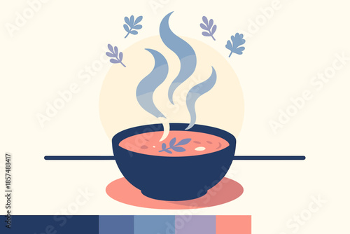 Elegant Steaming Soup. Steaming soup at the table. Steam spirals upward in elegant waves; small herb icons