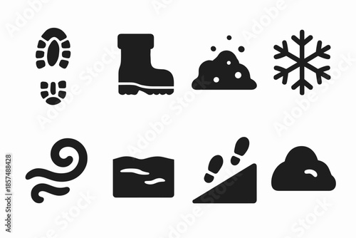 Snowy Steps Icons. Snowy steps. Filled icon set of Snowy steps: boot print, winter boot, snow drift, snowflake