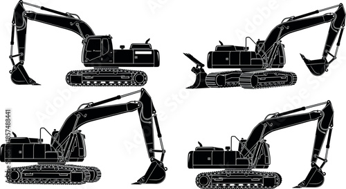 Set of four black silhouettes of hydraulic crawler excavators isolated on white background for construction industry heavy equipment graphic design