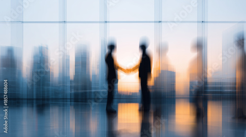 a blurred background of business people shaking hands, symbolizing the strength and trust between sales teams in an office setting with modern architecture
