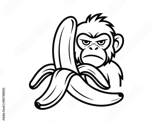Grumpy monkey with peeled banana in black and white line angry.