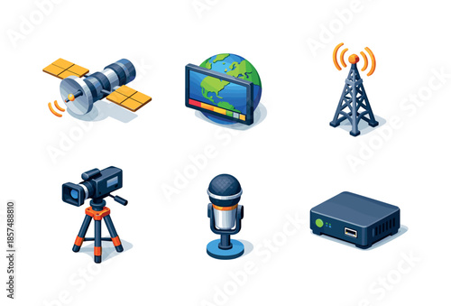 Isometric Media Icons. International media. Isometric flat vector icons set of International media: broadcast satellite, news globe screen, radio antenna,