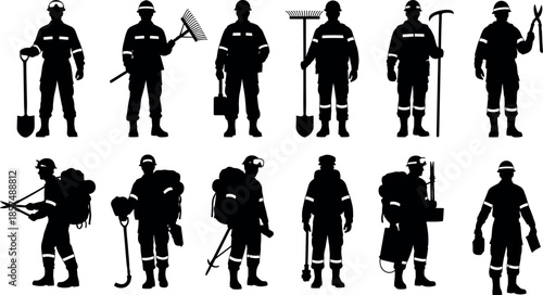 Wildland Firefighter Silhouette Set with Hand Tools Forestry Crew Wildfire Suppression Personnel Trail Maintenance Workers and Manual Laborer Vector Illustration