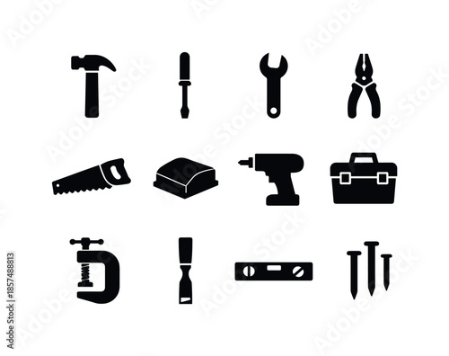 DIY Tool Icons. DIY workshop. Solid icon set of DIY workshop: hammer, screwdriver, wrench, pliers, hand saw, sanding block, drill silhouette, toolbox, clamp,