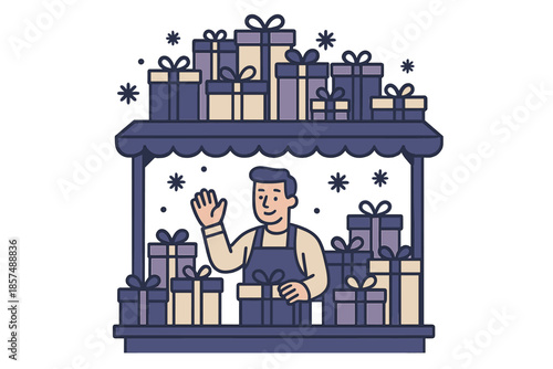 Festive Gift Booth. Holiday gift booth. Wrapped gifts stack high as a seller waves to passersby; tiny