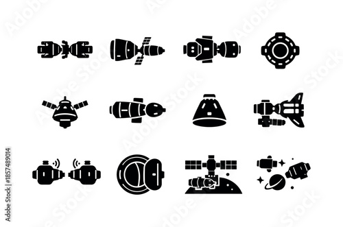 Docking and Vehicles Icons. Docking and Vehicles. Solid icon set of Docking and Vehicles: spacecraft docking, cargo ship approach, crew capsule docked, docking