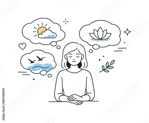 Calm Mindfulness Illustration. Mental wellbeing. A person reflecting quietly, sitting or standing calmly with thought bubbles and soft icons symbolizing