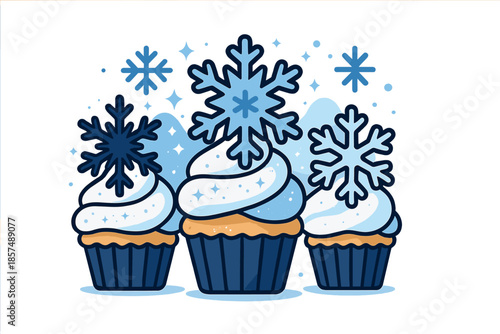 Snowflake Cupcake Delight. Cupcakes with snowflake frosting. Three cupcakes topped with white and blue