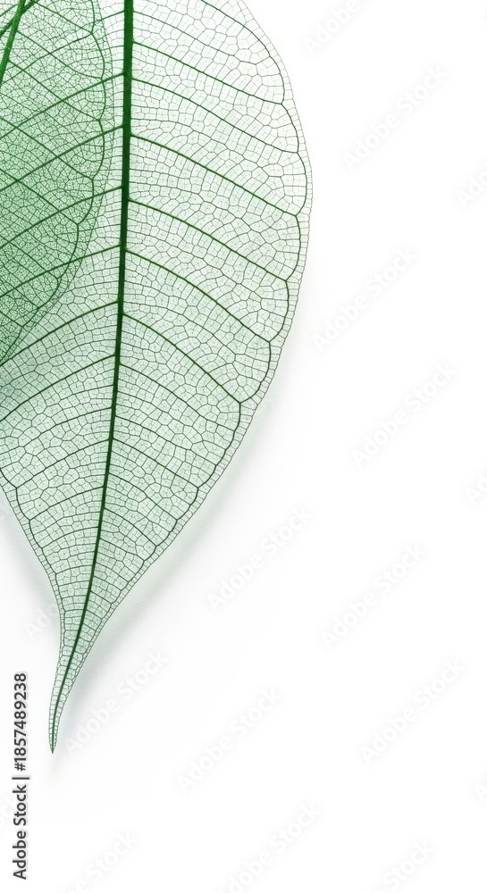 Obraz premium Transparent Green Leaf Skeleton Macro White Background