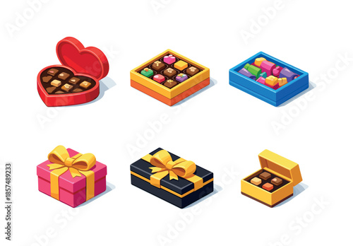 Colorful Candy Box Icons. Candy Boxes. Isometric flat vector icons set of candy boxes: chocolate box, assorted candy box, wrapped sweets box, gift candy box,