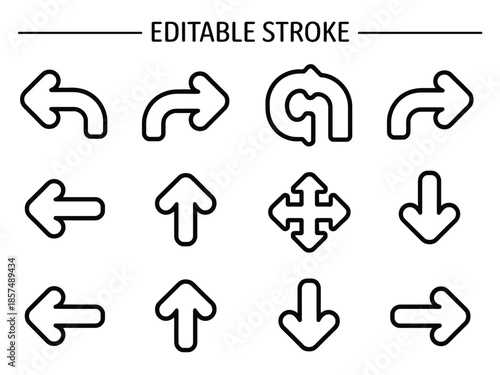 A collection of editable stroke icons depicting various arrow directions and a unique symbol.