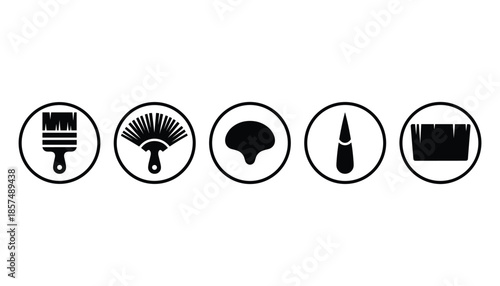 Silhouette set of different artistic makeup brushes with transparent background in black circles.