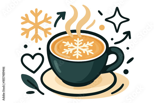 Snowflake Latte Art. Latte art cup with snowflake pattern. Warm cappuccino in ceramic cup, snowflake latte