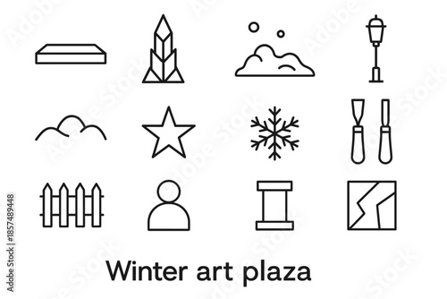 Winter Icon Set. Winter art plaza. Line outline icon set of Winter art plaza: stage platform, ice tower, snow