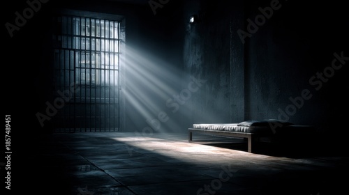 Dark, solitary confinement cell with barred window, a simple bed, and rays of light streaming in. Dramatic interior