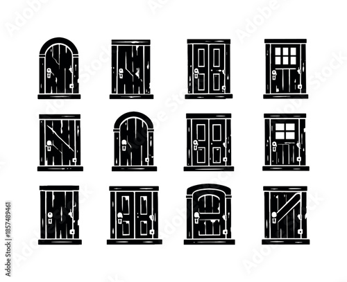 Historic Door Icons. Old House Door. Solid icon set of Old House Door: historic entry door, peeling paint, cracked wood panels, antique knob, rusty lock, aged