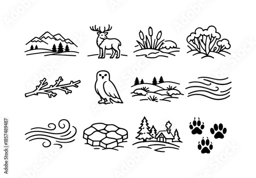 Winter Animal Icons. Snowy landscapes with animals in winter habitats. Line icon set of snowy landscapes with animals in winter habitats: snow-capped ridge,