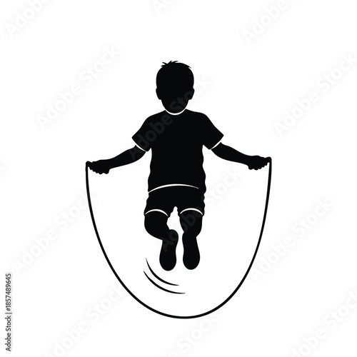A cartoon silhouette of a cute child jumping with a jump rope against a clean white background.