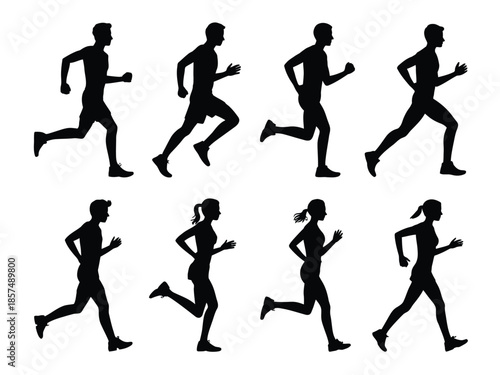 Silhouettes of men and women running in sequence, illustrating motion and activity.