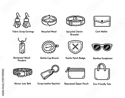 Eco-Friendly Fashion Icons. Sustainable and upcycled fashion accessories. Line icon set of sustainable and upcycled fashion accessories: fabric scrap earrings,