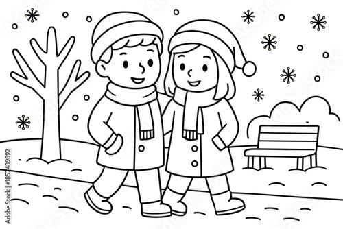 Winter Park Stroll. Winter park stroll children?s coloring book illustration, outlined drawing, couple wearing