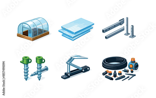 Colorful Greenhouse Icons. Garden greenhouse. Isometric flat vector icons set of Garden greenhouse: small greenhouse structure, polycarbonate panels, metal