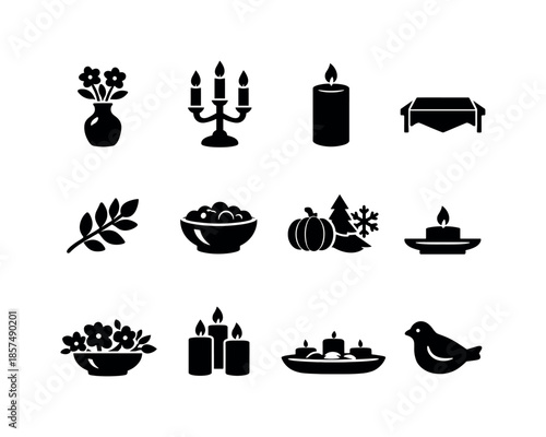 Centerpiece Decor Icons. Centerpiece decor. Solid icon set of Centerpiece decor: flower vase, candle holder, pillar candle, table runner, greenery sprig,