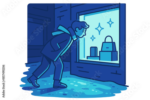 Nighttime Window Shopping. Window shopping at night. A person leans toward a glowing shop window, reflections