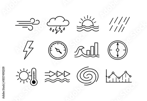 Coastal Weather Icons. Riptides. Line icon set of coastal weather elements: wind gust icon, storm cloud, sun?wave symbol, rain lines, lightning bolt,