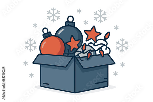 Festive Storage Box. Christmas storage box. Round baubles, stars, and LED strands peek out from a cardboard