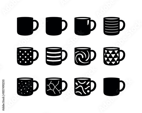 Mug Texture Icon Set. Mug textures and patterns. Solid icon set of mug textures and patterns: smooth ceramic, matte finish, glossy finish, ribbed pattern,