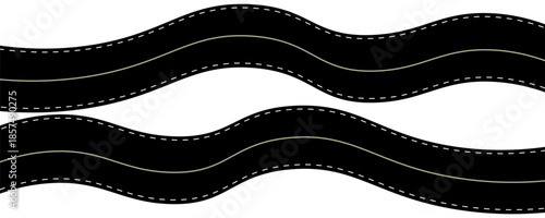 Winding road top view, curved highway path with lane markings, long trip route map, wavy street track design. Flat vector illustration isolated on white background.