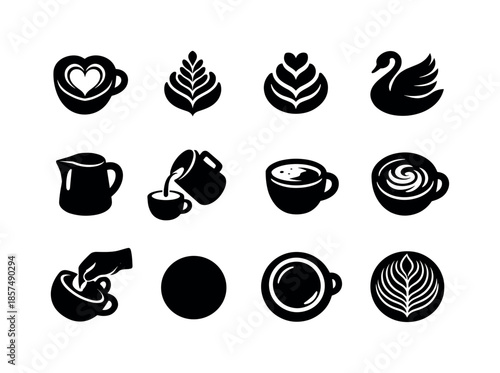 Latte Art Icons. Latte art. Solid icon set of latte art: heart latte, rosette leaf, tulip design, swan art, milk pitcher, foam pour, espresso base, crema