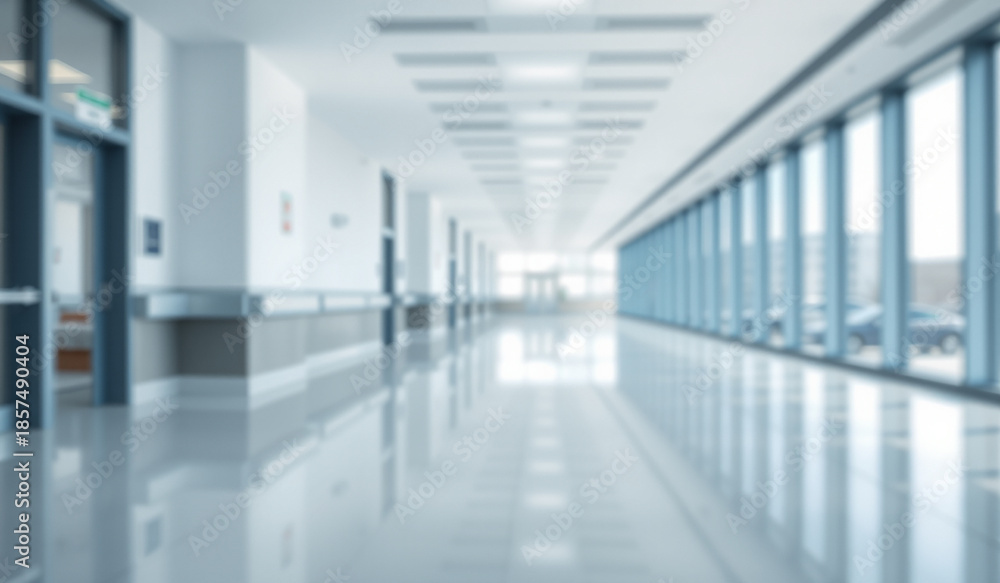 Fototapeta premium Abstract Blurred Defocused Modern White Hospital Corridor or Office Hallway Background with Bright Windows