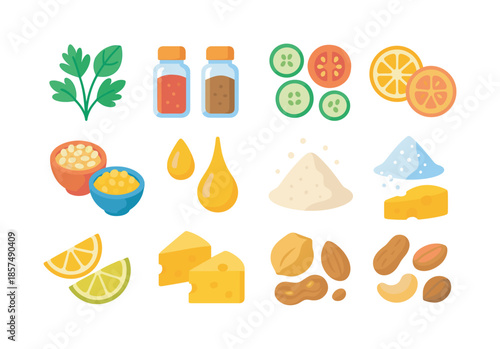 Colorful Ingredient Icons. Ingredient photography. Colorful flat vector icons set of ingredient photography: fresh herbs, spice jars, vegetable slices, fruit